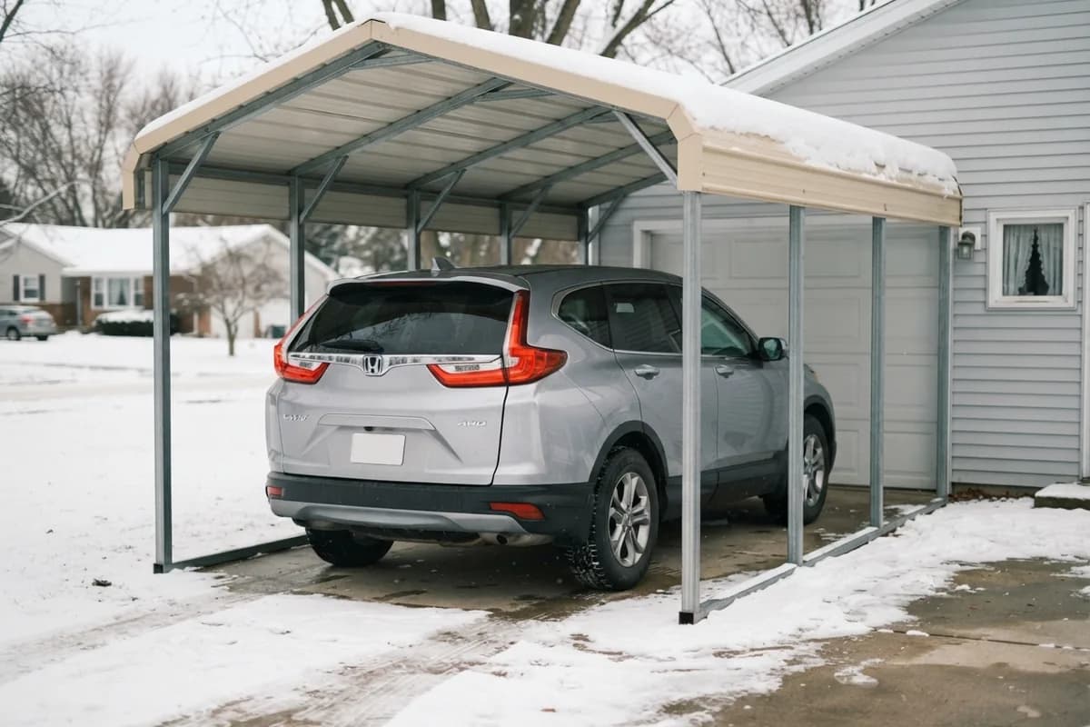 A 2022 Honda CR-V under a steel carport with snow on the roof, beside a closed garage door on a winter driveway.