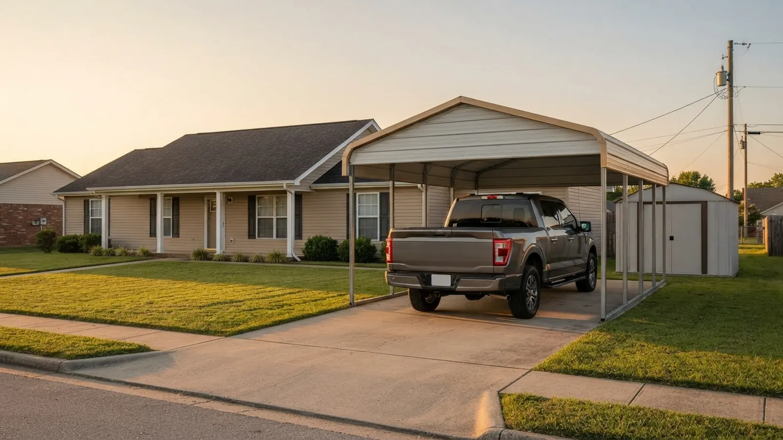 Open-sided steel carport sheltering a 2023 Ford F-150 beside an enclosed storage shed on a suburban driveway