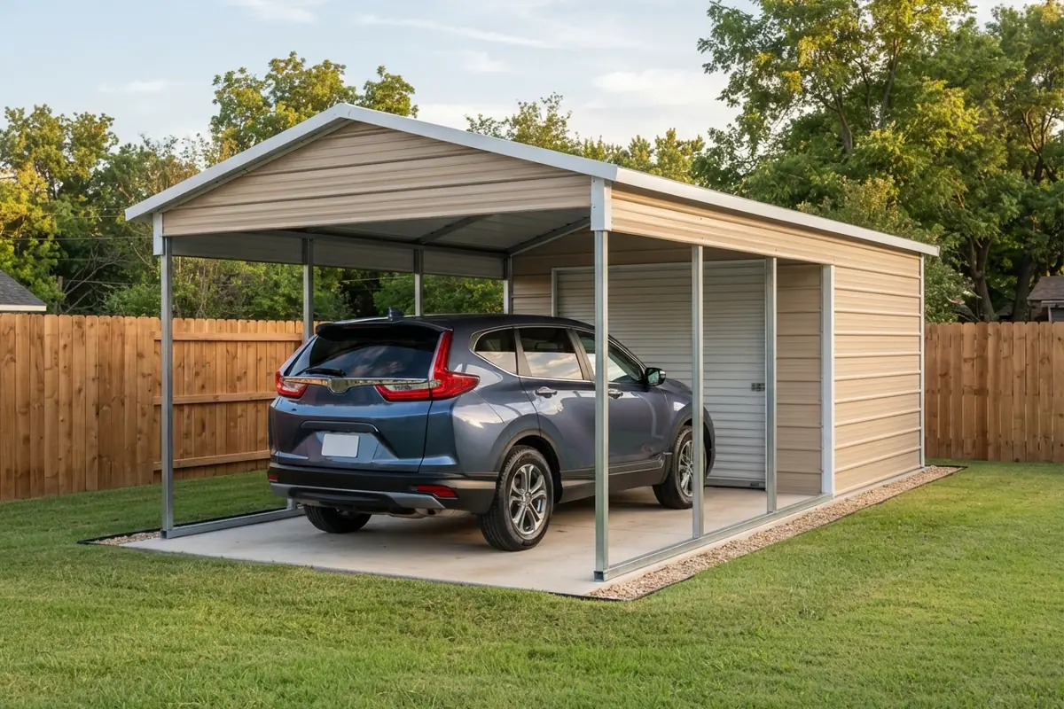 Combined carport shed with an open bay holding a 2022 Honda CR-V and an enclosed storage section with a roll-up door