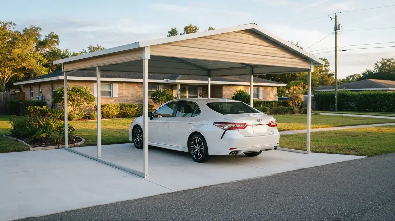 Open-sided steel carport on a suburban driveway with a 2023 Toyota Camry parked beneath the roof on a level concrete pad