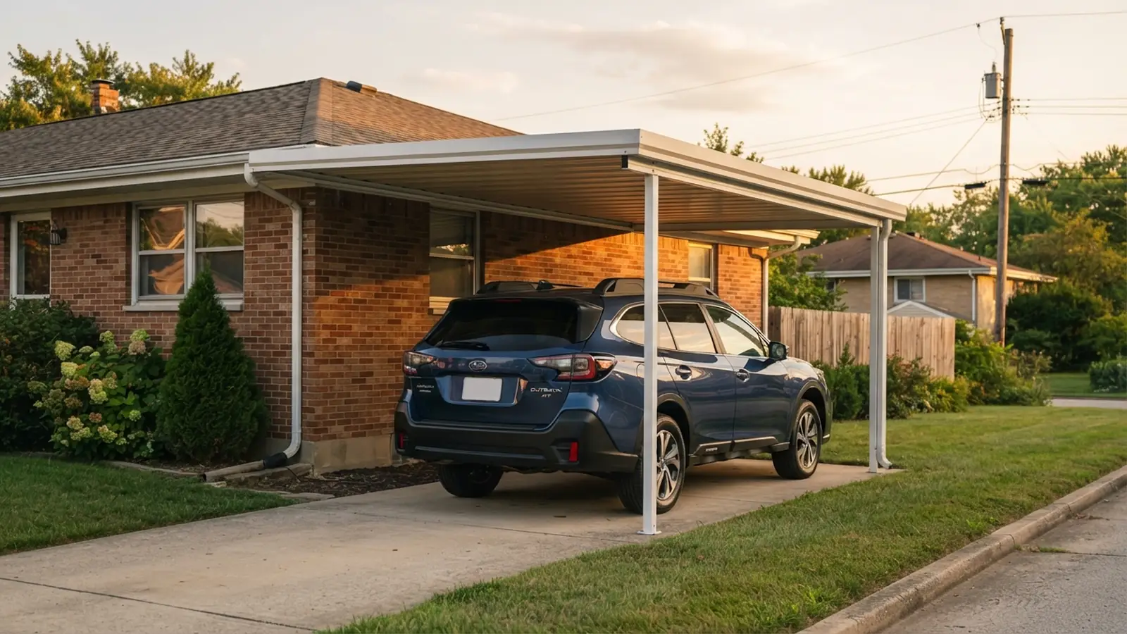 Steel lean-to carport roof fixed to a house wall, sheltering a 2022 Subaru Outback on a suburban side yard
