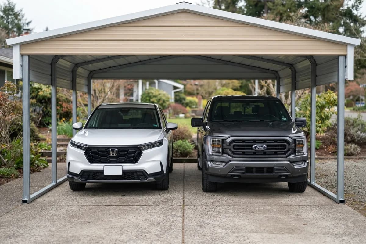 Front view of a steel carport with a 2025 Honda CR-V and a 2026 Ford F-150 side by side, showing the gaps to the posts