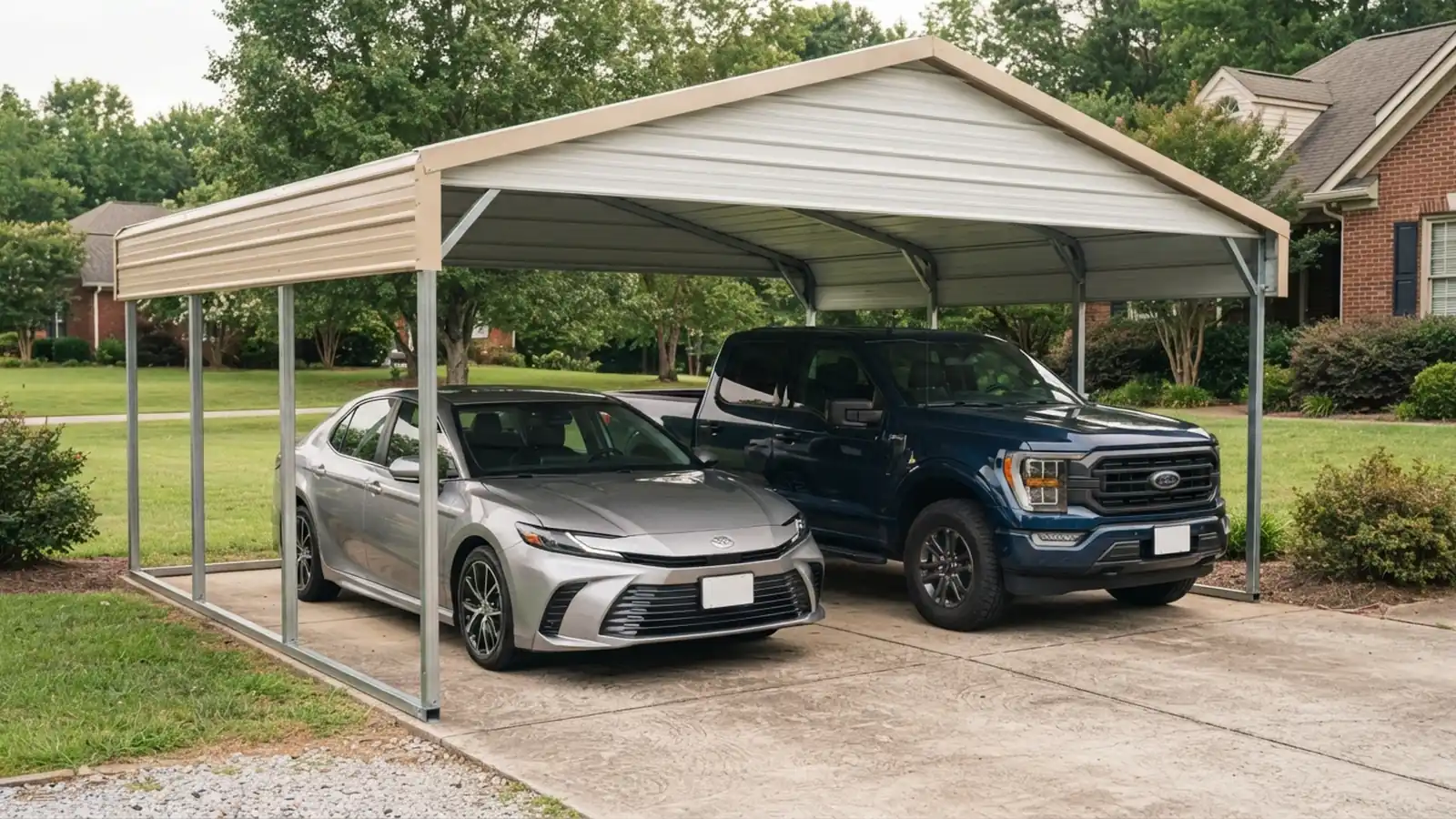 Steel carport with open sides over a driveway, a 2025 Toyota Camry and a 2026 Ford F-150 parked side by side under the roof