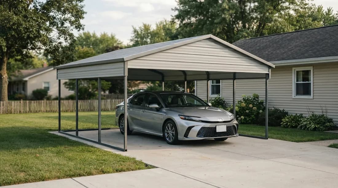 Steel carport with a boxed-eave gable roof and ribbed metal panels sheltering a 2025 Toyota Camry