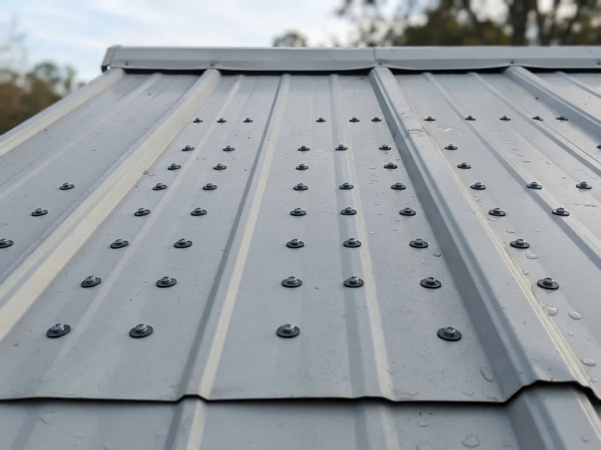 Close view of ribbed steel roof panels on a carport with rows of screw heads and ridge trim at the top