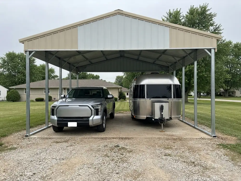 Travel trailer parked beside its tow vehicle under a wide steel carport, front view showing space to each leg