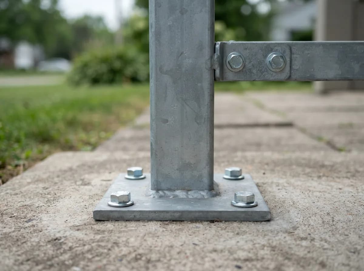 Bolted joint and base plate on a zinc-gray square steel tube carport post, standing on a concrete pad