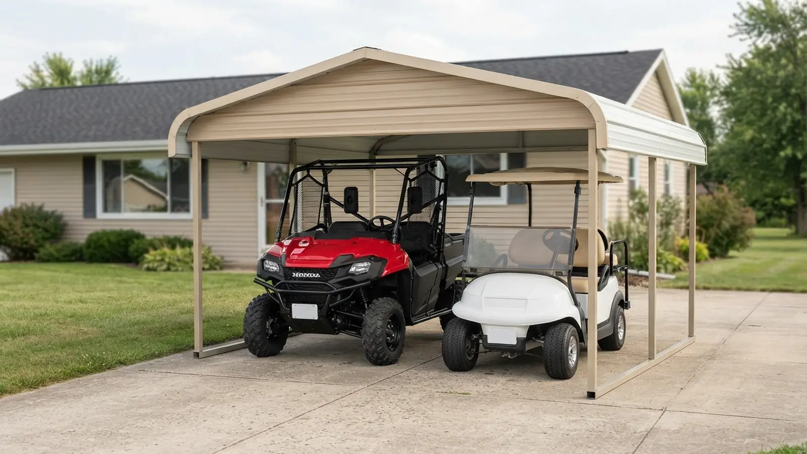12x12 steel carport with a regular roof sheltering a side-by-side utility vehicle and a golf cart