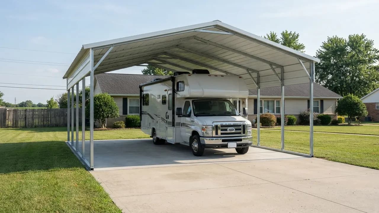 Class C motorhome parked under an 18x30 steel carport with clear space on both sides and above the roof