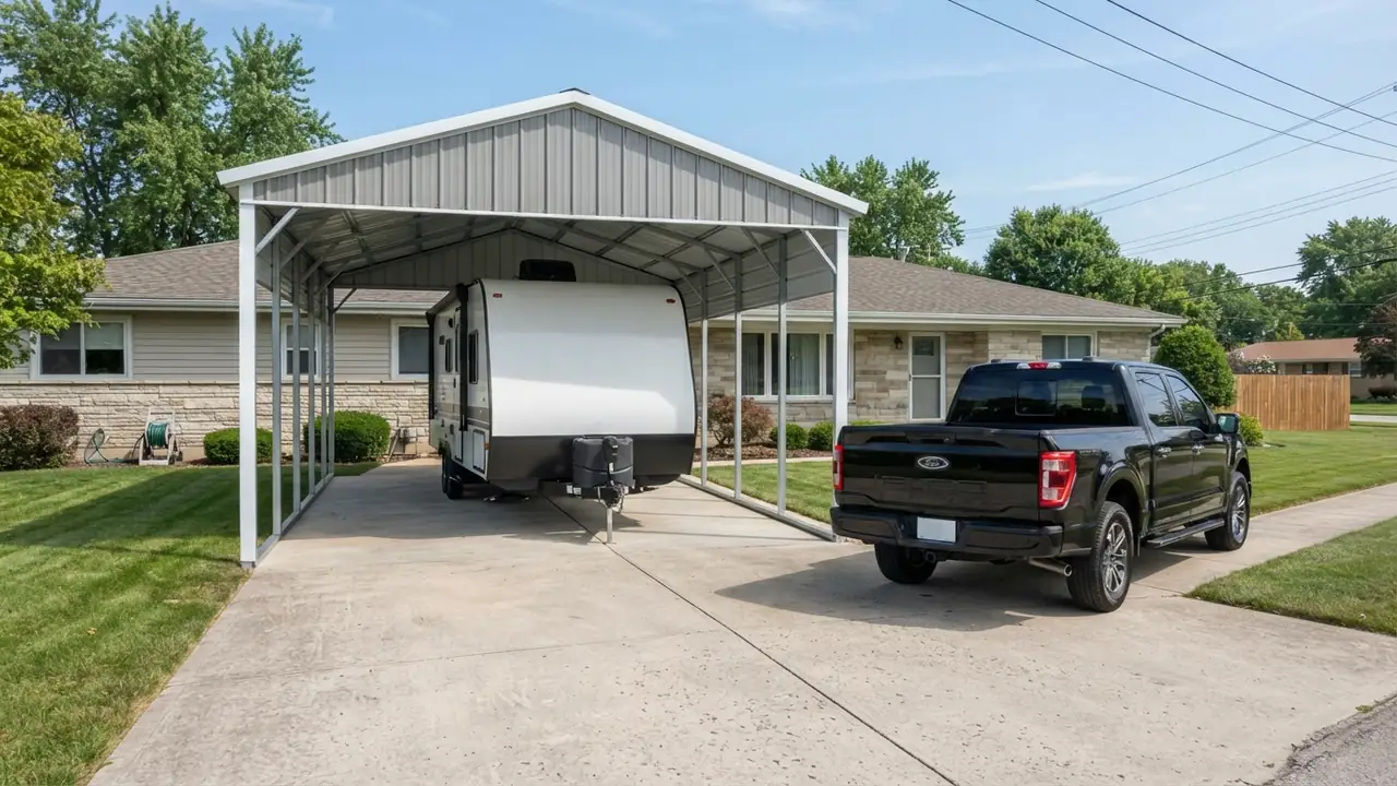 Travel trailer under an 18x30 steel carport with its tongue showing and a pickup truck parked in front of it