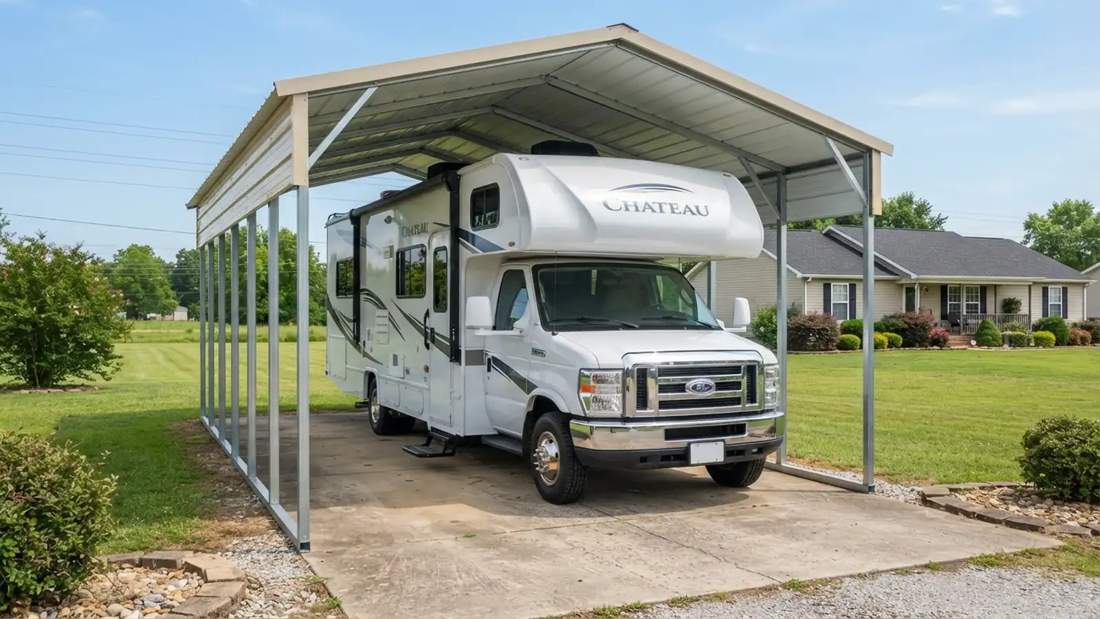 Steel RV carport with a vertical roof over a 2025 Thor Motor Coach Chateau Class C motorhome, seen from the open end