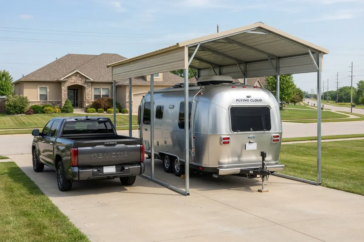 2024 Airstream Flying Cloud travel trailer and 2024 Toyota Tundra under a 20x30 steel carport, gap above the roof in view