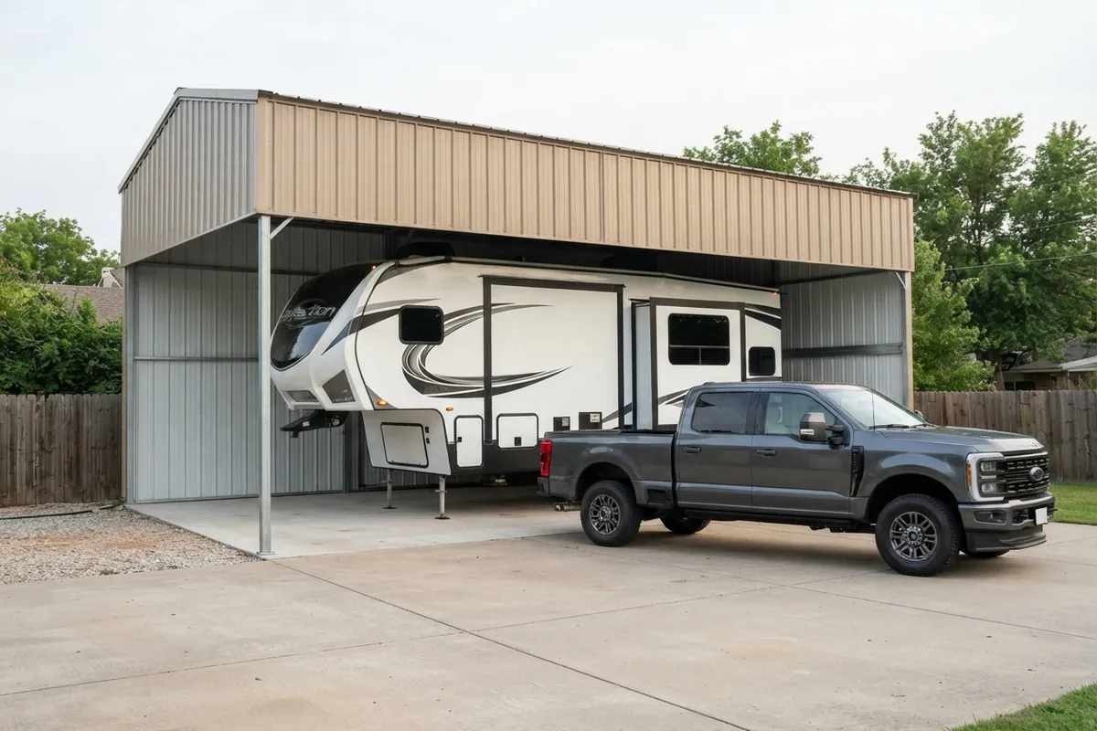 2024 Grand Design Reflection fifth wheel under a steel RV carport with a Ford F-250 in front, gap above the roof in view