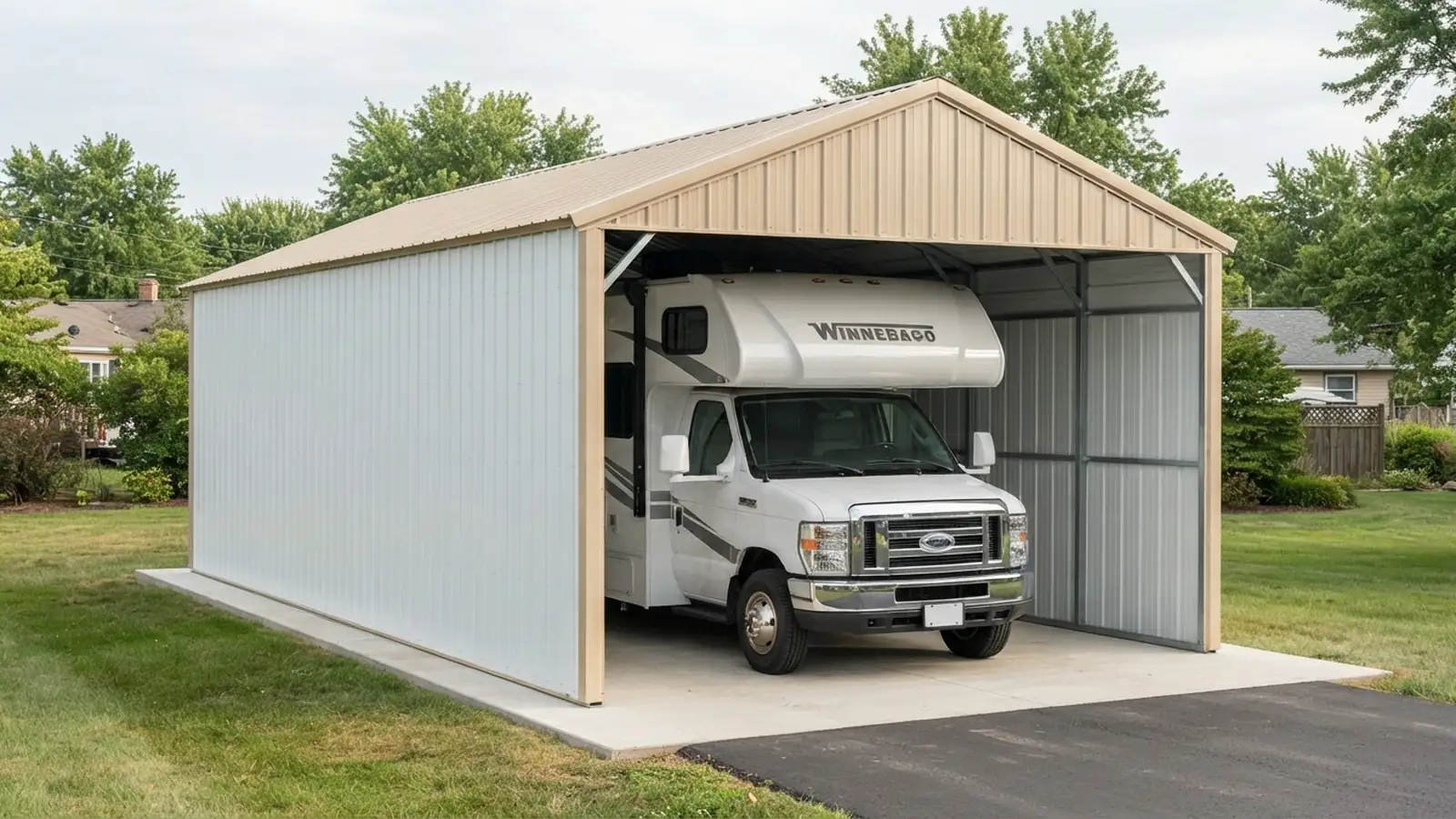 Steel RV carport with a vertical roof and side panels over a 2024 Winnebago Minnie Winnie Class C, seen from the open end