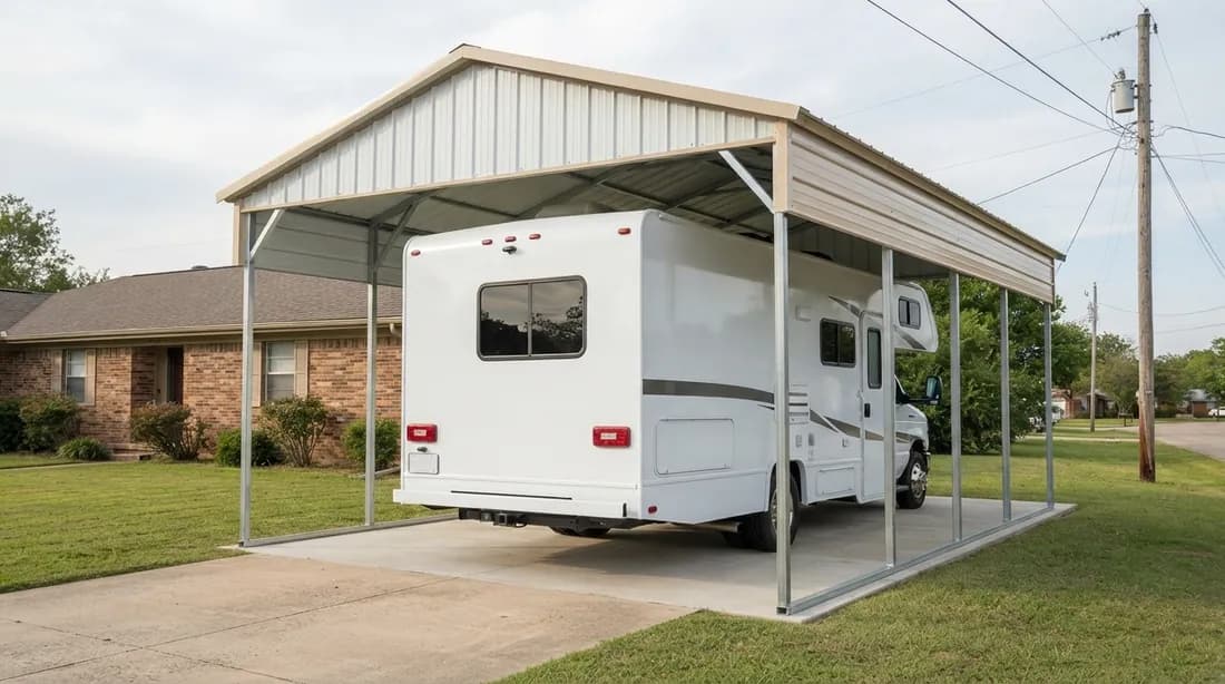 White Class C motorhome parked under an 18x30 metal carport with a vertical roof and 14 ft legs, rear three-quarter view