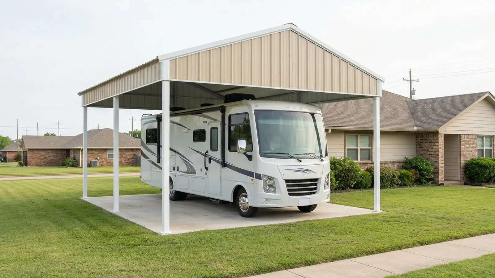 2024 Winnebago Vista Class A motorhome under a steel vertical-roof RV carport with clearance above the roof air conditioner