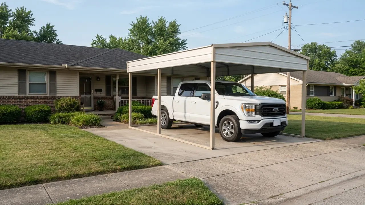 2026 Ford F-150 parked under a 12 ft wide steel carport with an 8 ft leg and the eave line visible