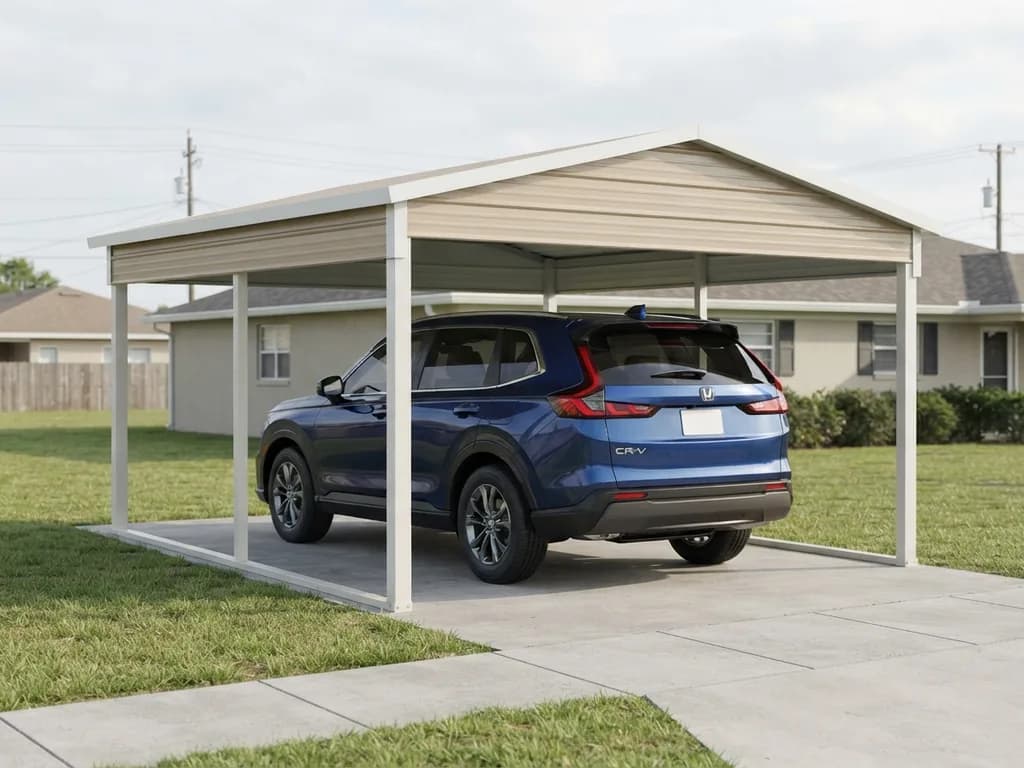 2025 Honda CR-V parked under an 18 ft wide steel carport with the eave and roof panels visible from the side