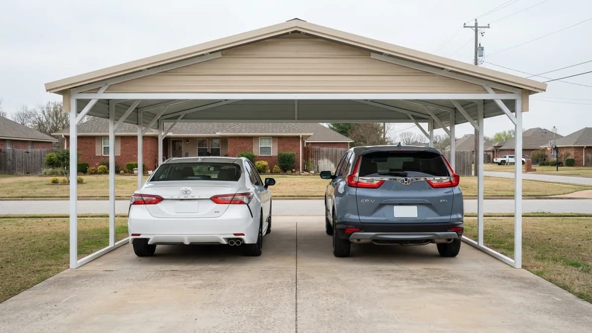 Toyota Camry and Honda CR-V parked side by side under a 20 ft wide double carport with open gaps