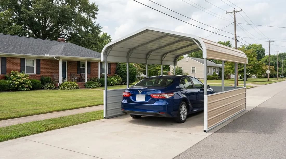 Steel carport with low side panels on one long side and one end, other side and front open, a blue 2023 Toyota Camry inside