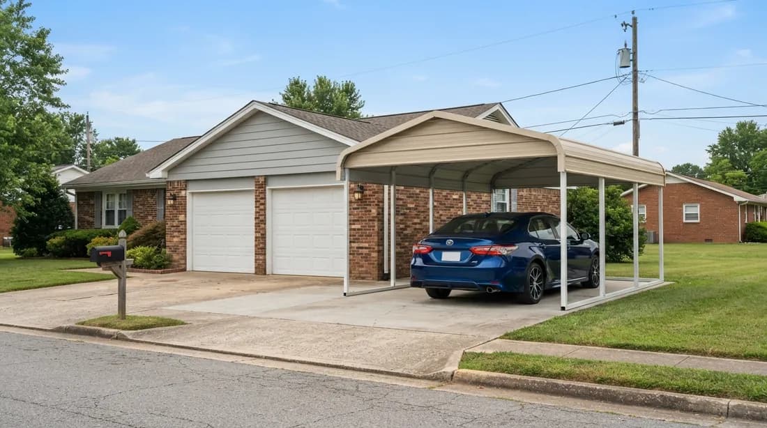 Steel carport beside a two-car garage on a suburban driveway, a 2023 Toyota Camry parked under the open-sided carport roof