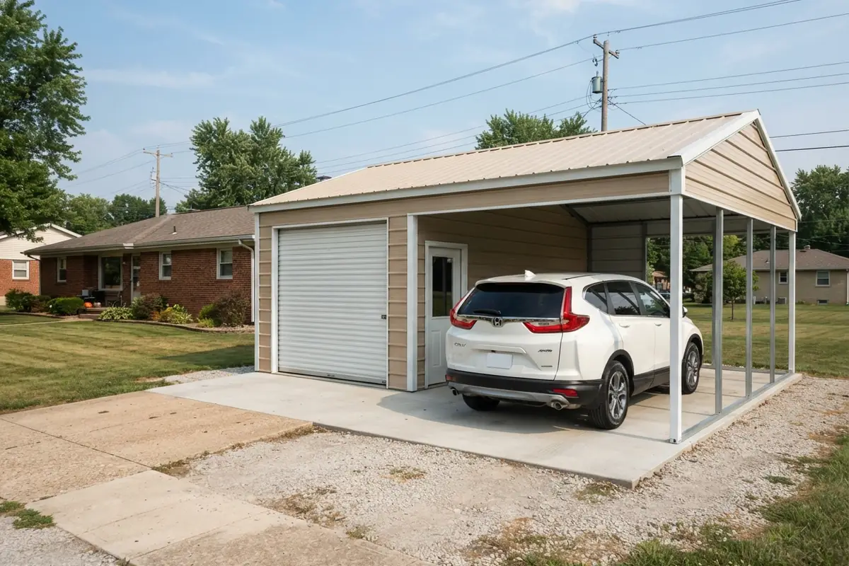 Steel combination building with enclosed garage doors and an open vehicle bay holding a 2022 Honda CR-V under one roof
