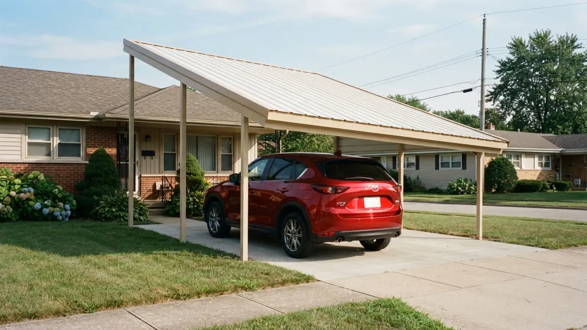 A 2022 Mazda CX-5 under a freestanding steel lean-to carport with a single sloped roof beside a ranch-style home.