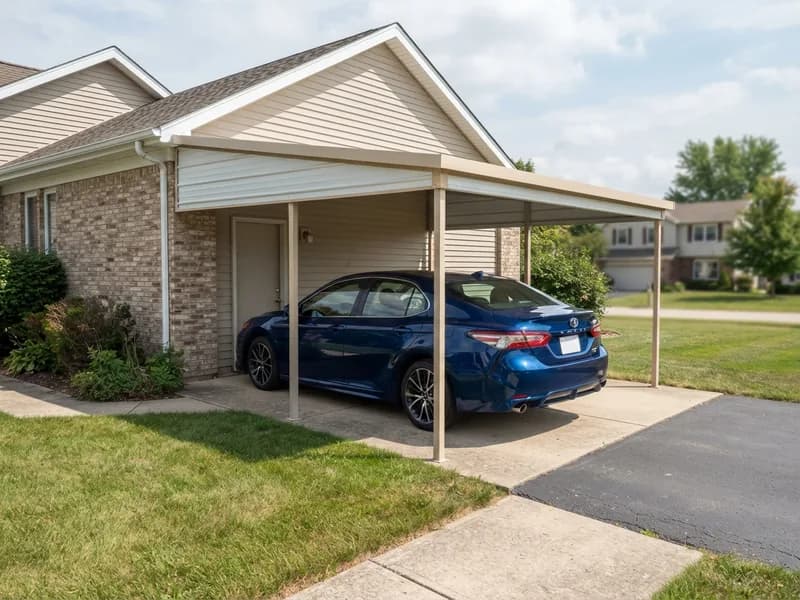 A 2023 Toyota Camry under a steel lean-to carport whose high side meets the side wall of a ranch-style house.