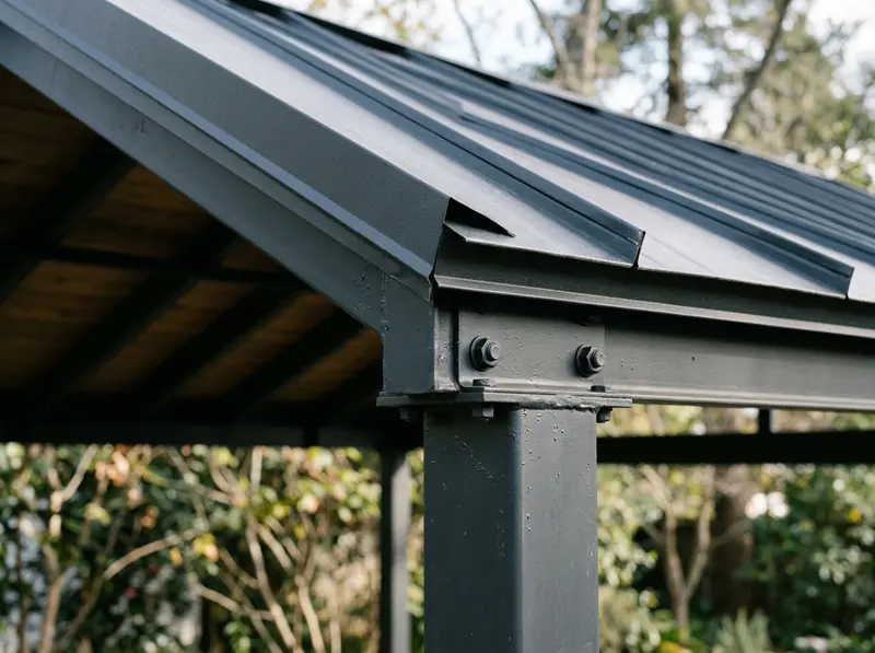 Close-up of a steel carport's standing-seam metal roof panel meeting its support post