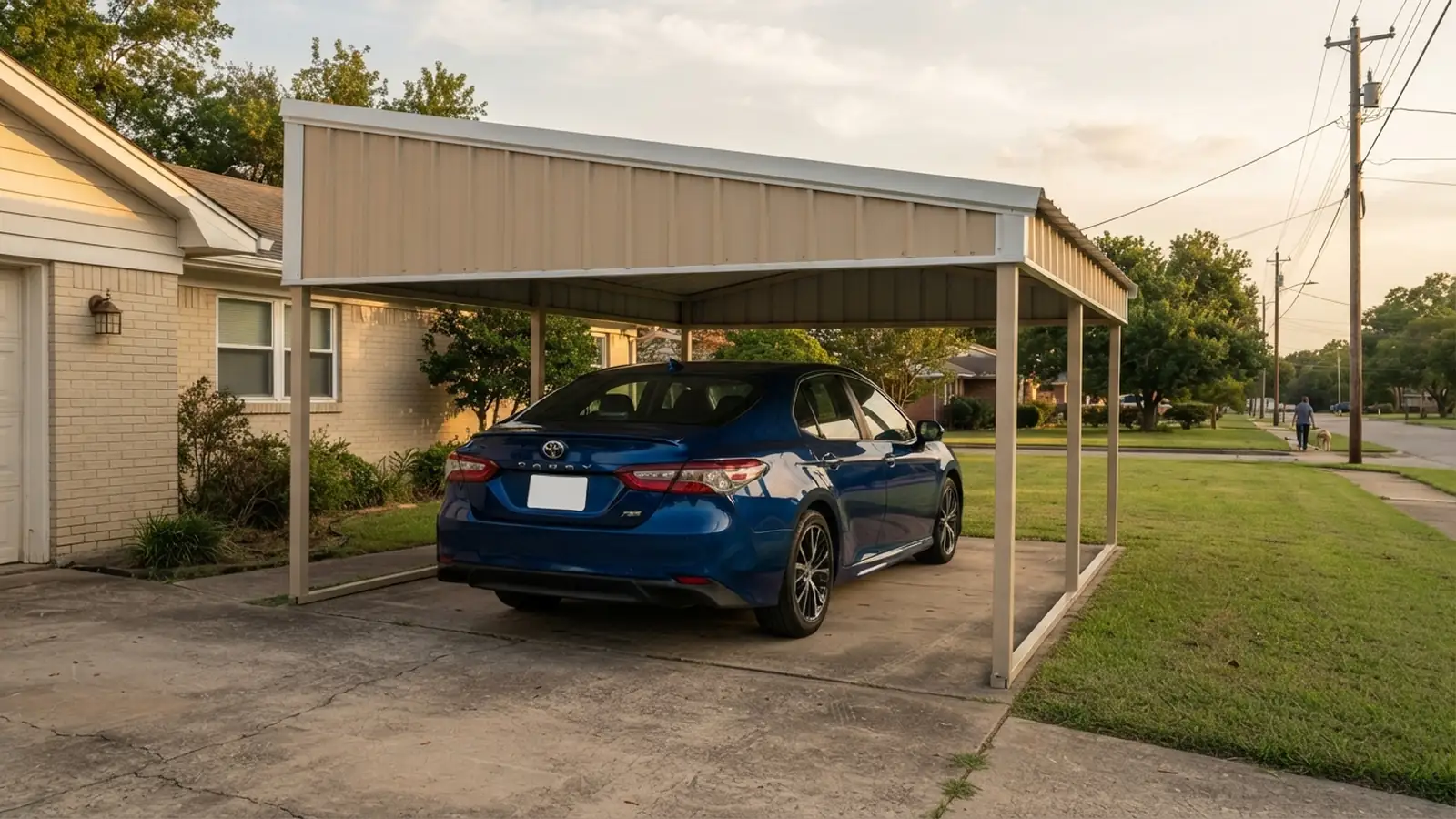 Freestanding single-slope metal carport beside a house with a 2023 Toyota Camry under the roof, high side toward the house