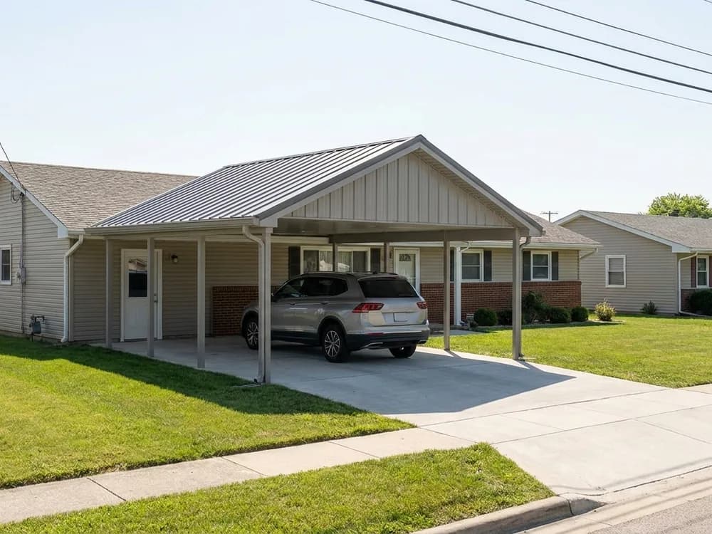 Attached steel carport with a gable roof beside an American ranch home, SUV parked straight on the driveway
