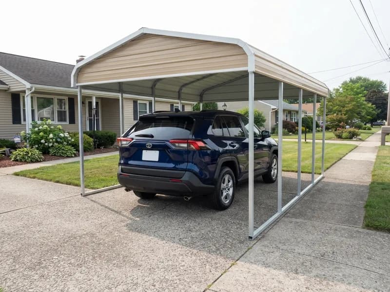 Steel carport with white legs and light tan roof panels on a suburban driveway, a 2022 Toyota RAV4 parked under it