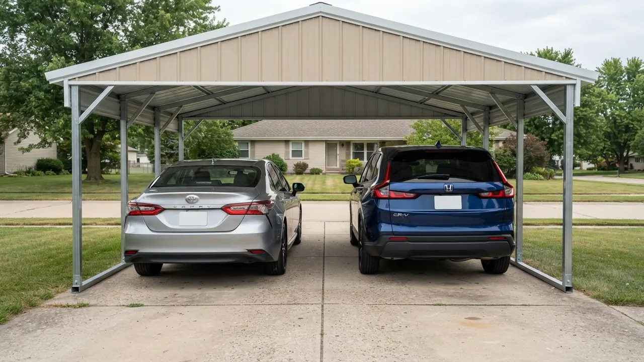 A sedan and a compact SUV parked side by side under a two car steel carport with open space between them and each leg