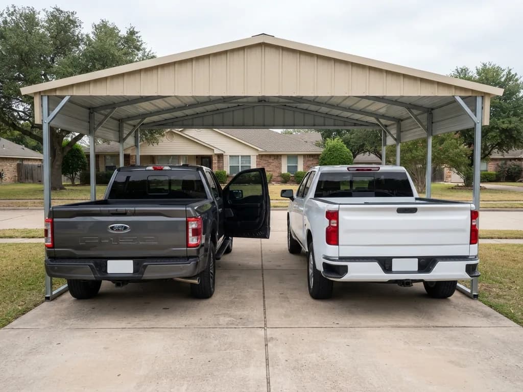 Two full-size pickup trucks under a wide two car carport, one front door open toward the gap between them