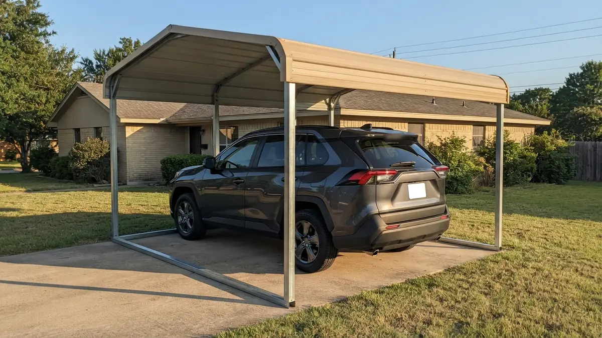 Freestanding steel carport with two open sides and a dark gray SUV parked under the roof on a concrete driveway
