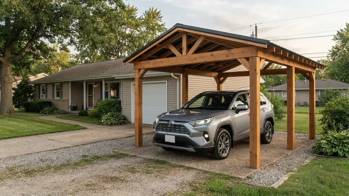 Wood-frame carport with a dark steel roof beside a house, with a silver SUV parked under the roof