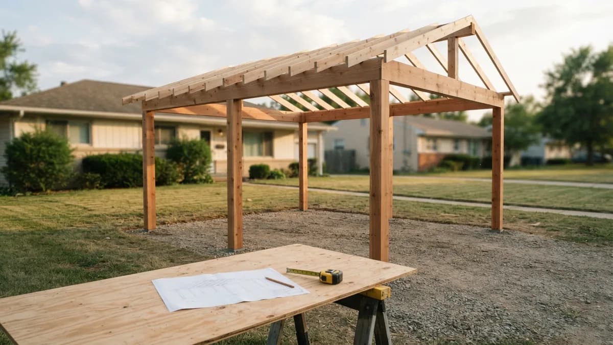 Half-framed wood carport on a gravel pad with a plan sheet laid on a sawhorse table in the foreground
