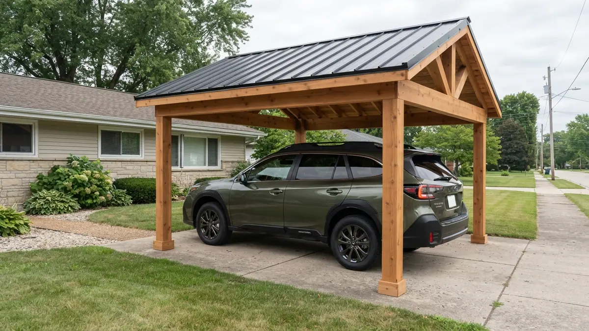 Peak-roof wooden carport with a cedar-toned frame and a dark steel roof, with a green wagon parked under it