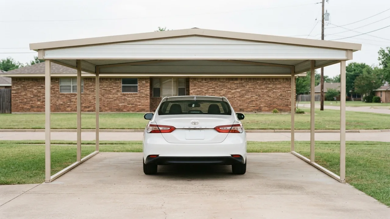 2025 Toyota Camry parked in the center of an 18x20 steel carport with open space on both sides, 6 ft each