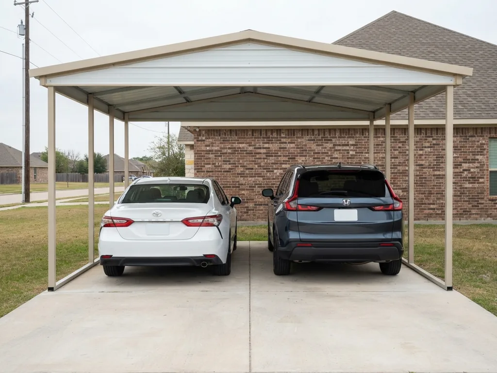 2025 Toyota Camry and 2025 Honda CR-V parked side by side under an 18x20 carport with narrow gaps between them
