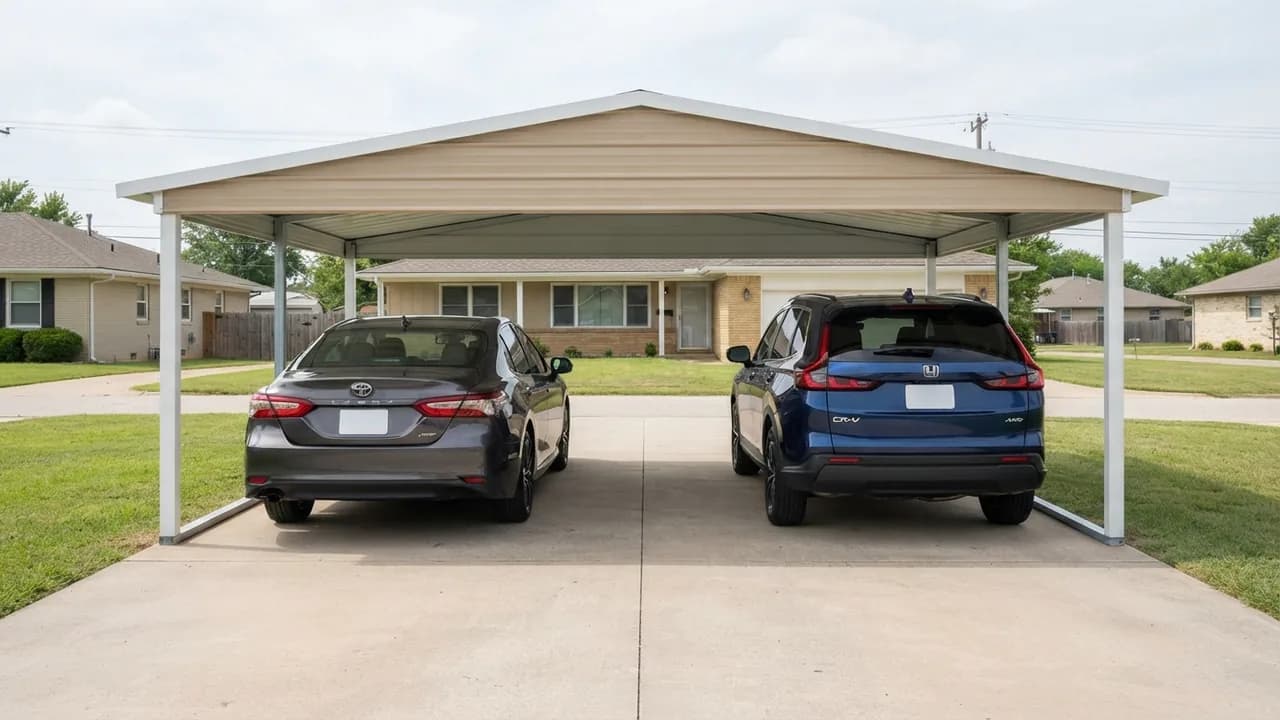 Toyota Camry and Honda CR-V parked side by side under a 22 ft wide steel carport with even gaps