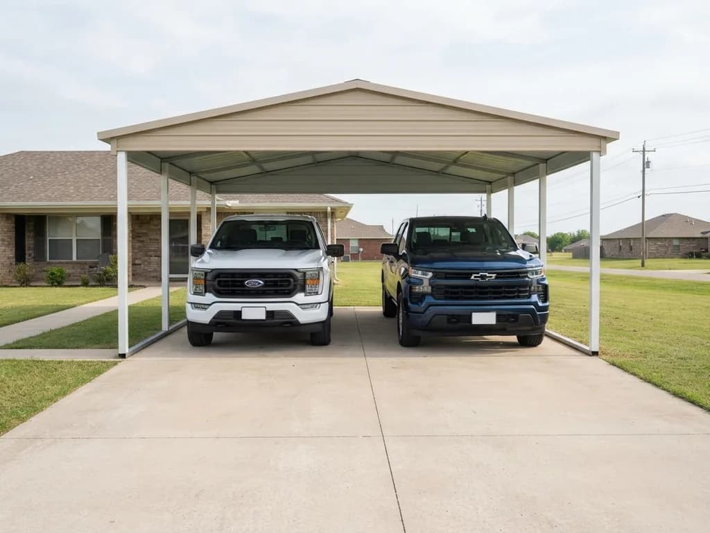 Ford F-150 and Chevrolet Silverado 1500 parked side by side under a 24 ft wide steel carport