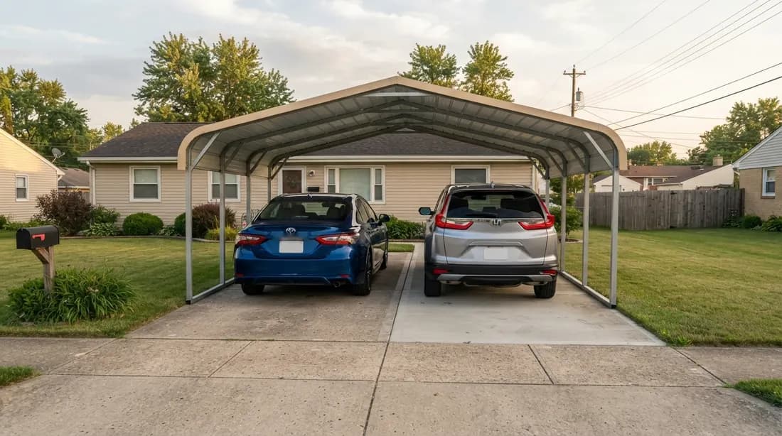 A 2023 Toyota Camry and 2022 Honda CR-V parked side by side under a 20 ft wide steel carport with a regular roof