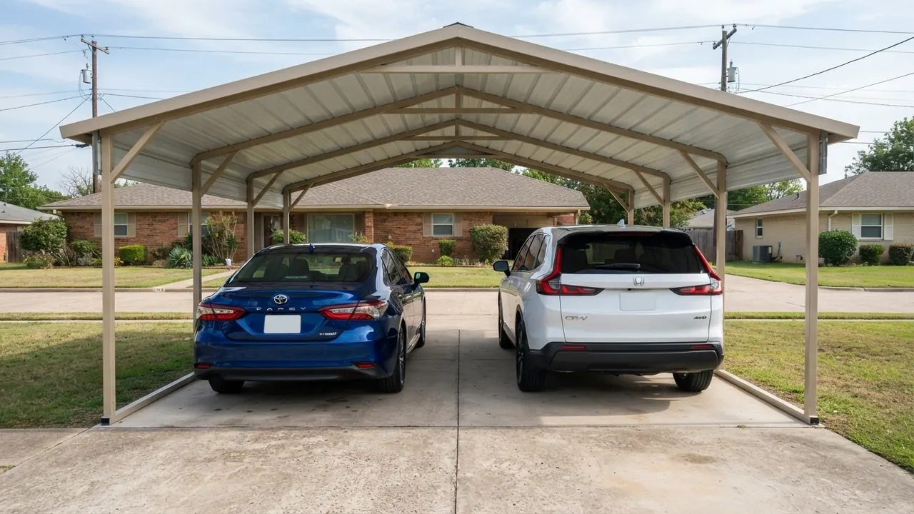 2025 Toyota Camry and 2025 Honda CR-V parked side by side under a 20x30 steel carport with open depth behind