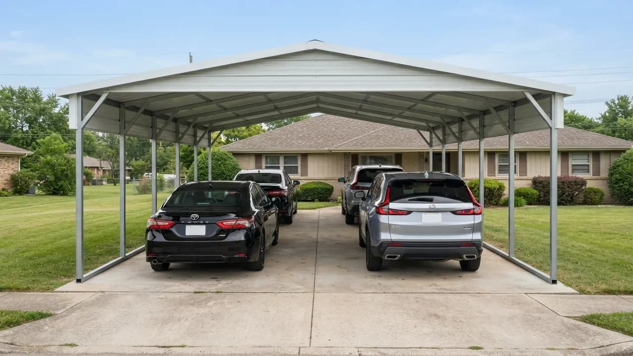 A 20x 40 carport with two cars parked side by side and a second pair parked behind them under a steel roof