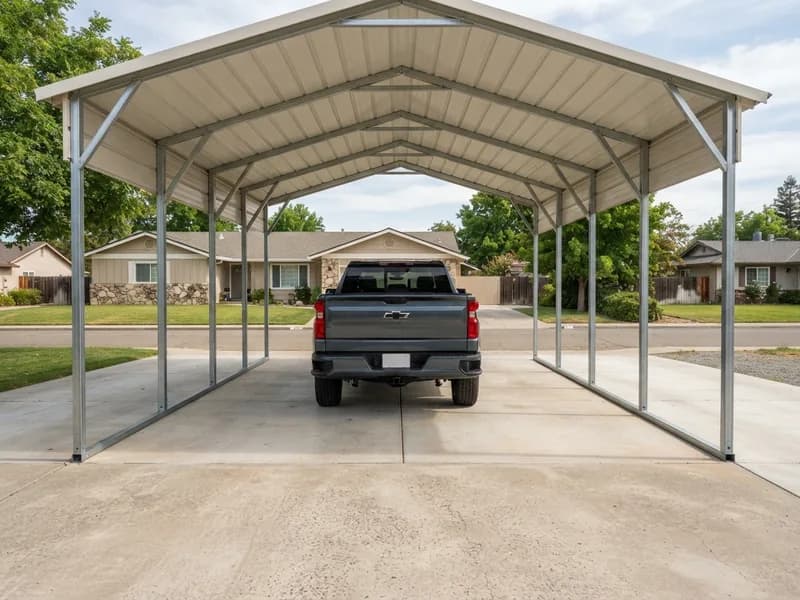 2025 Chevrolet Silverado 1500 crew cab parked in a 30x30 steel carport with open depth behind the truck