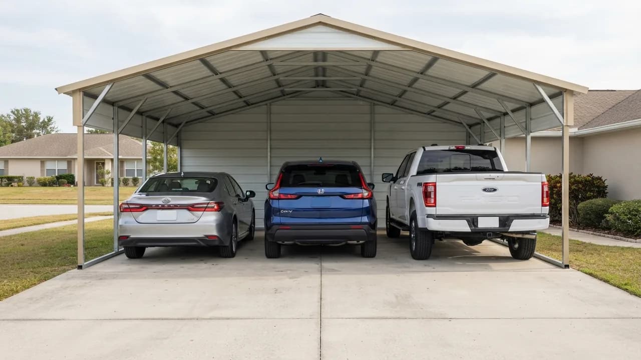 2025 Toyota Camry, 2025 Honda CR-V and 2026 Ford F-150 parked side by side under a 30x30 steel carport with open gaps