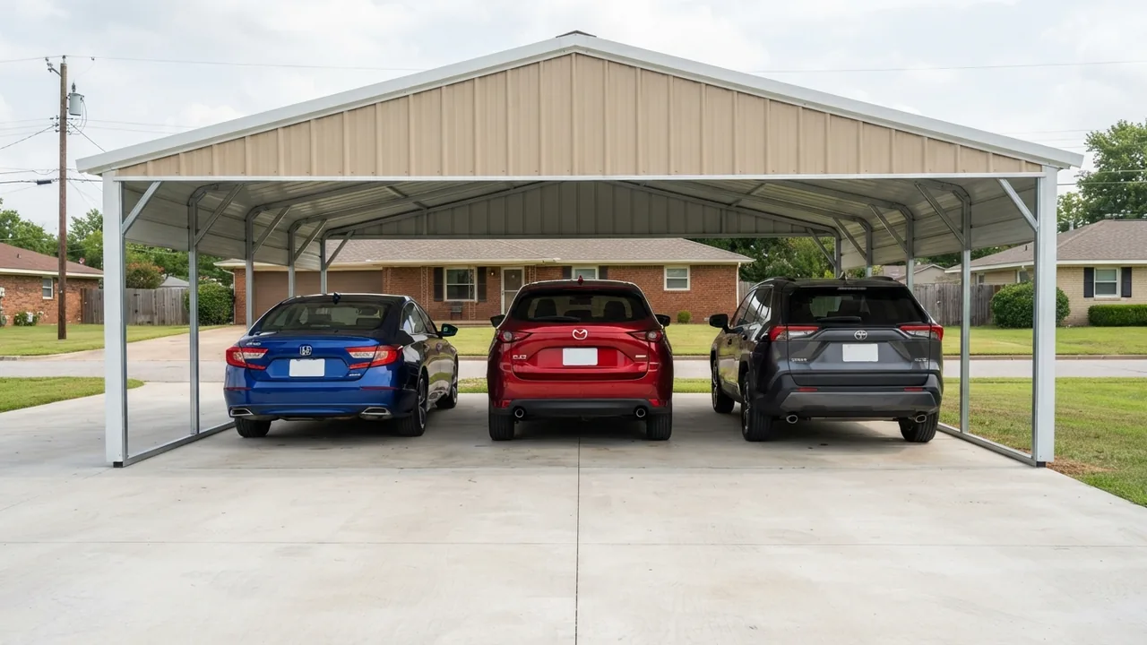 Freestanding steel carport with a vertical roof sheltering a blue Honda Accord, a red Mazda CX-5 and a gray Toyota RAV4