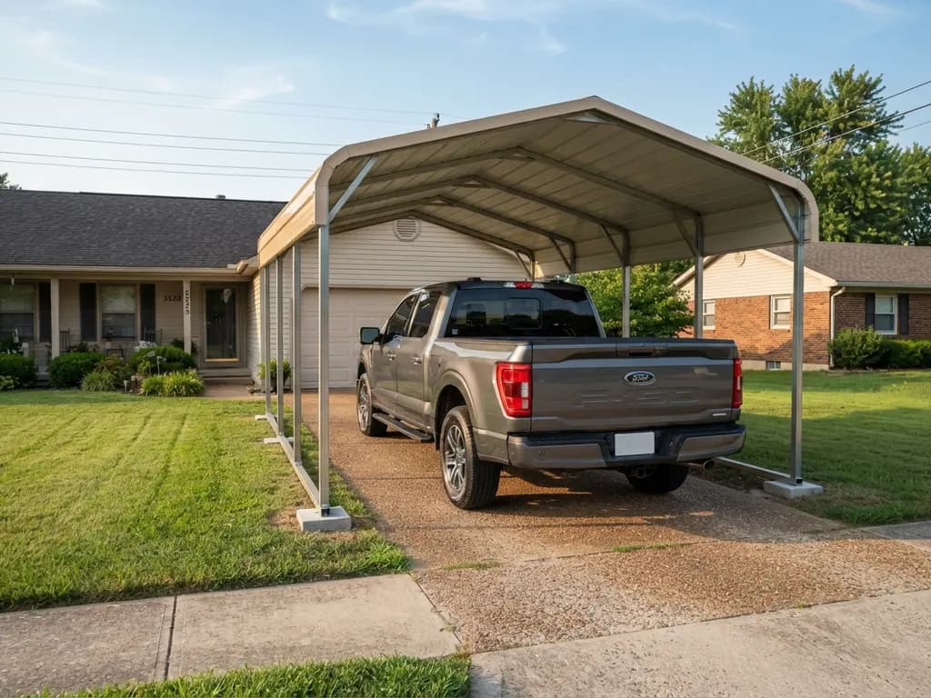 2024 Ford F-150 SuperCrew parked under an 18x21 carport with its tailgate inside the rear roof edge