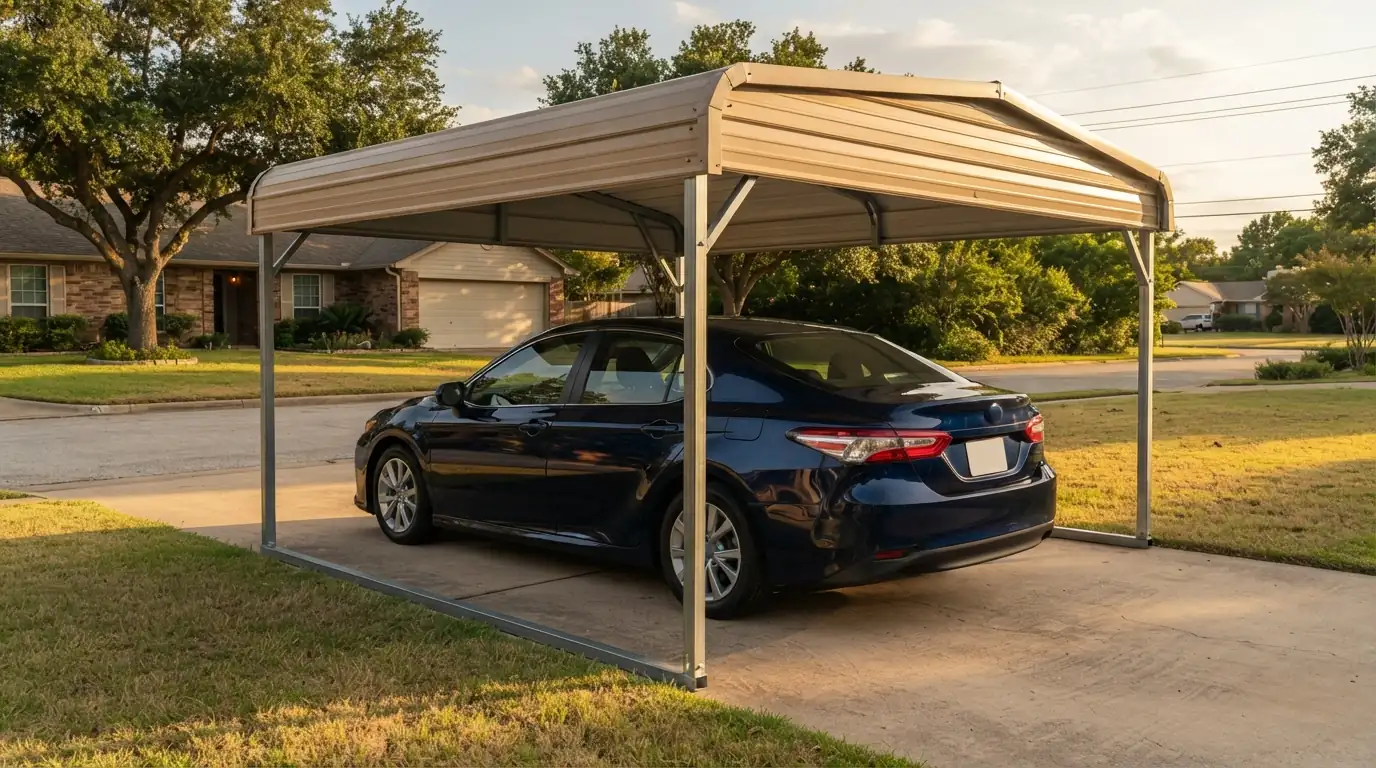 Freestanding steel carport covering a 2023 Toyota Camry on a residential driveway
